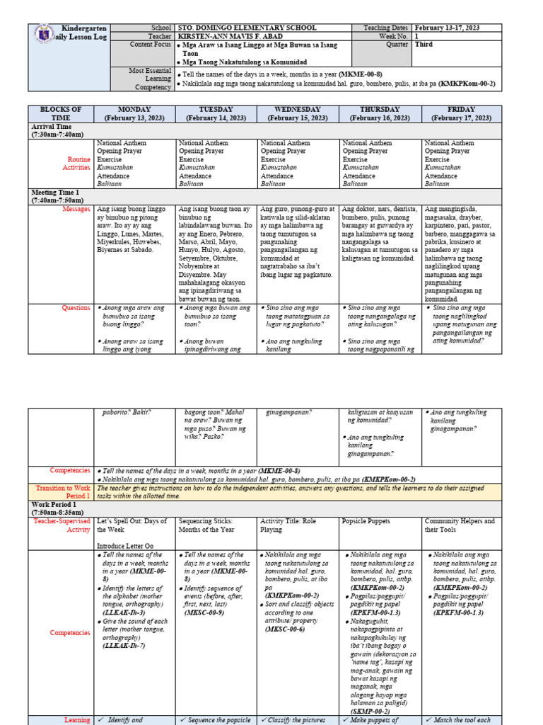 Kindergarten DLL MELC Q3 Week 1 Asf | PDF | Question | Learning
