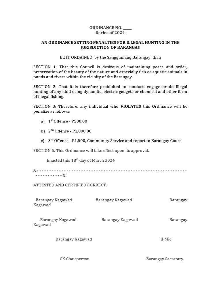 Barangay Ordinance on Illegal Hunting | PDF | Home & Garden