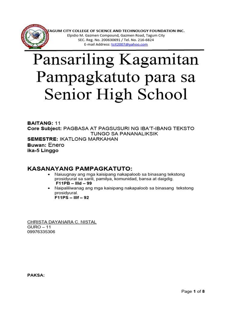 Pagbasa At Pagsusuri Week5 Pdf