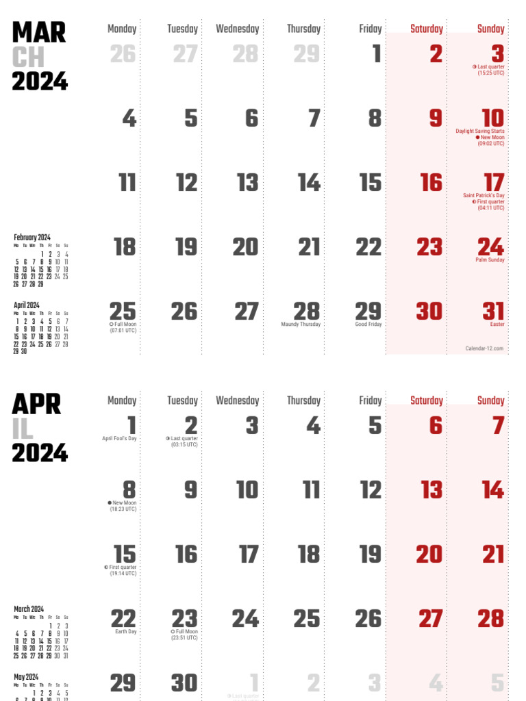 March 2024 Calendar Events and Phases | PDF | Easter | Observances
