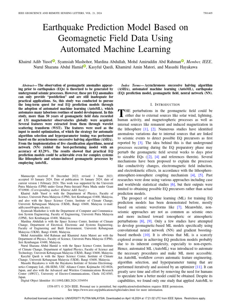 Earthquake Prediction Model Based On Field Data Using Automated Machine Learning