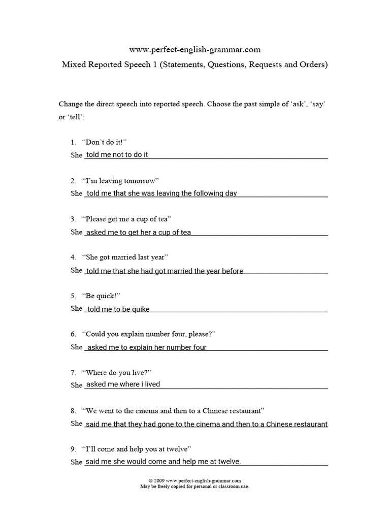 Reported Speech Mixed Exercise 1 | PDF