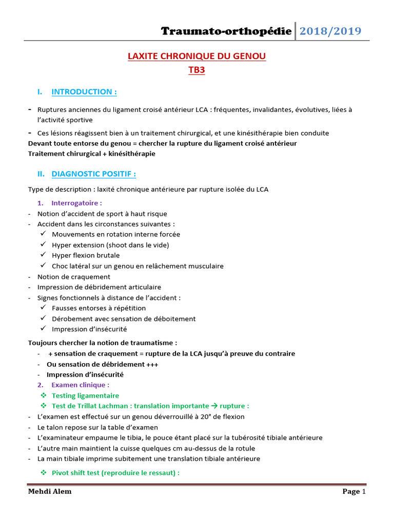 Laxité chronique du genou : diagnostic et traitement | PDF | Genou ...