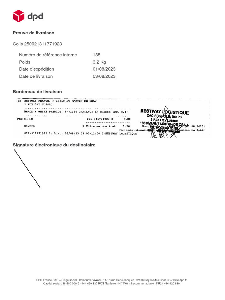 Preuve de livraison DPD 250021311771923 | PDF