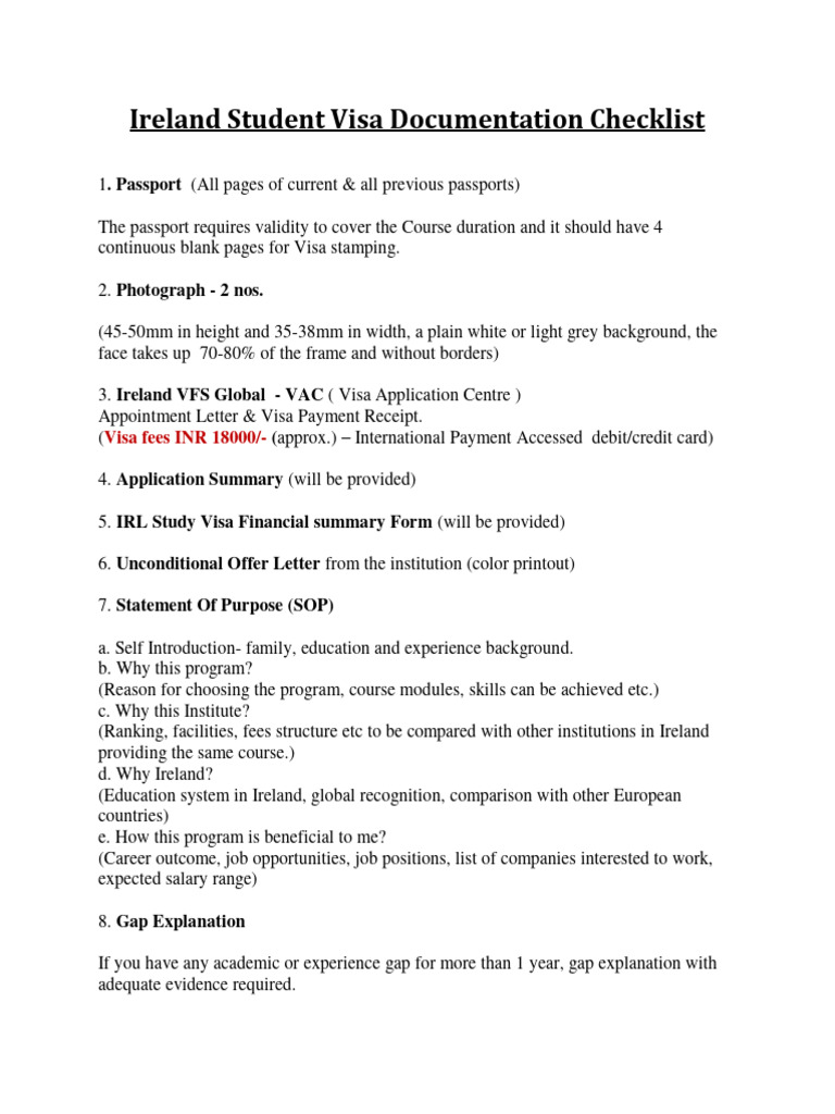 Document Checklist For Ireland Student Visa