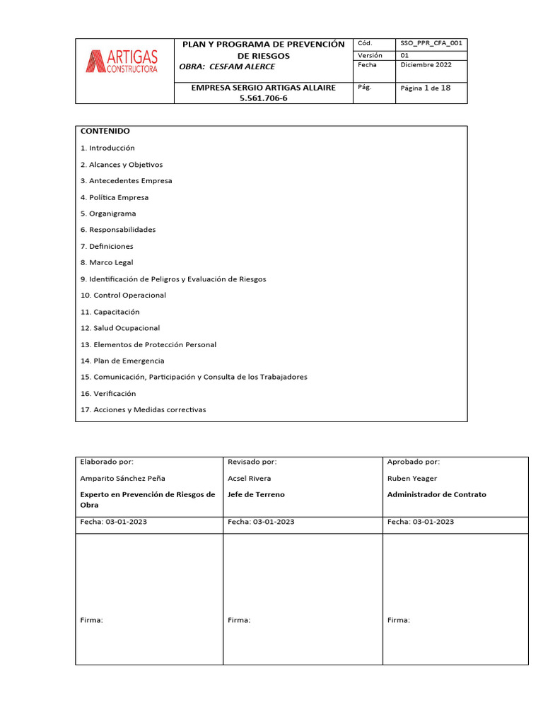 Sso PPR Cfa 001 Plan y Programa de Prevencion de Riesgos PDF Sso PPR Cfa 001 Plan y Programa de Prevencion de Riesgos PDF