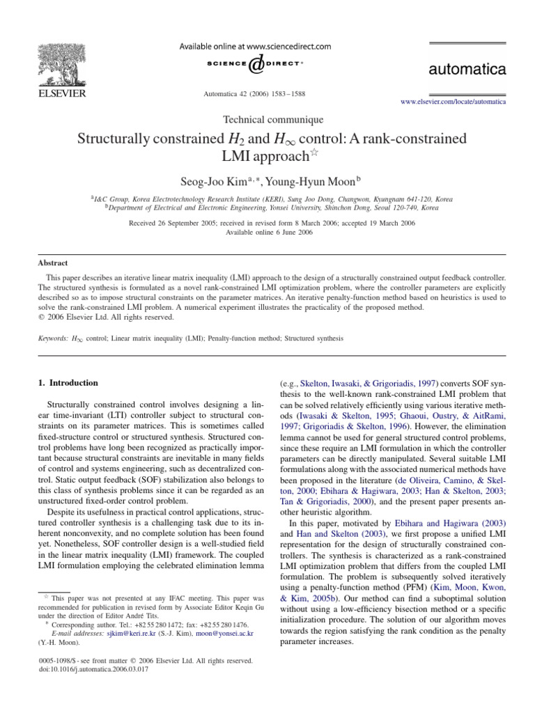 Rank-Constrained LMI for H2 and H∞ Control | PDF | Matrix (Mathematics ...
