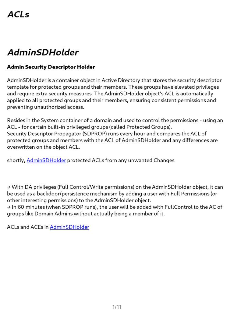 AdminSDHolder: ACLs and Security Risks | PDF | Superuser | Active Directory