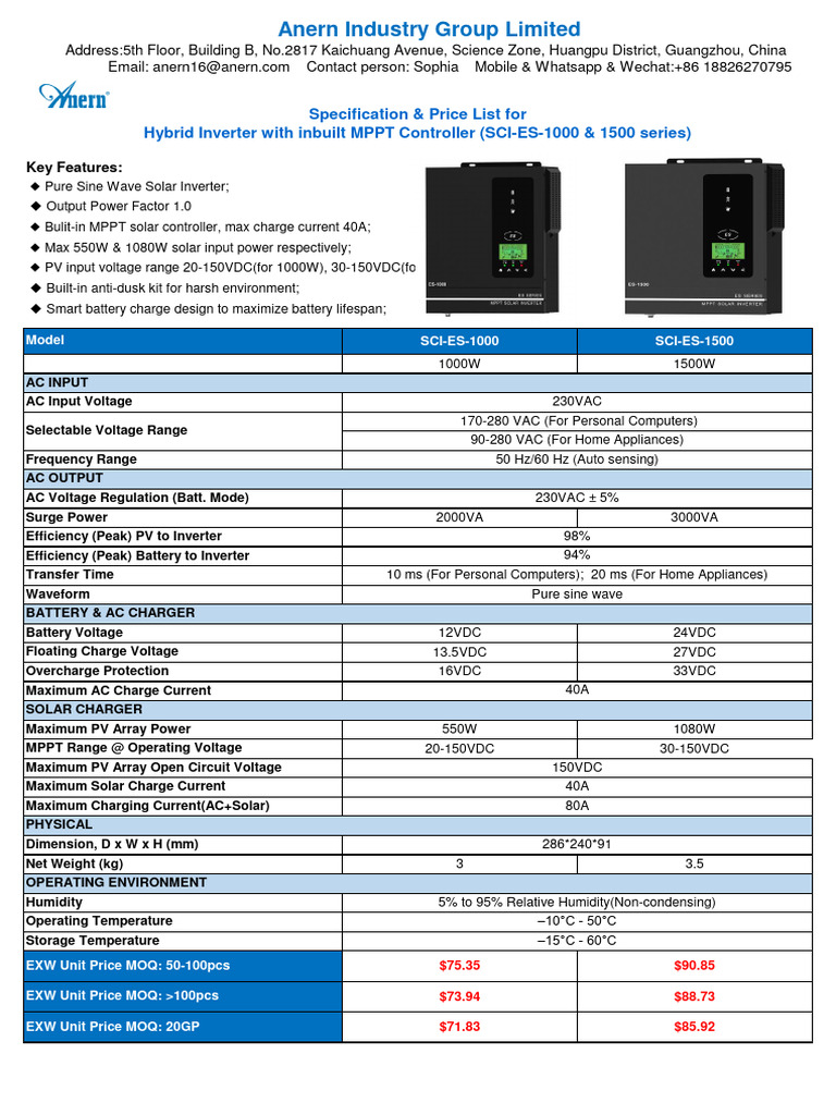 Anern Hybrid Inverter Specifications | PDF | Power Inverter ...