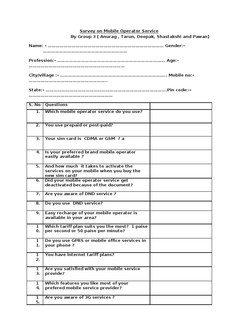 Mobile Service Operator Questionnaire | PDF | Roaming | 3 G
