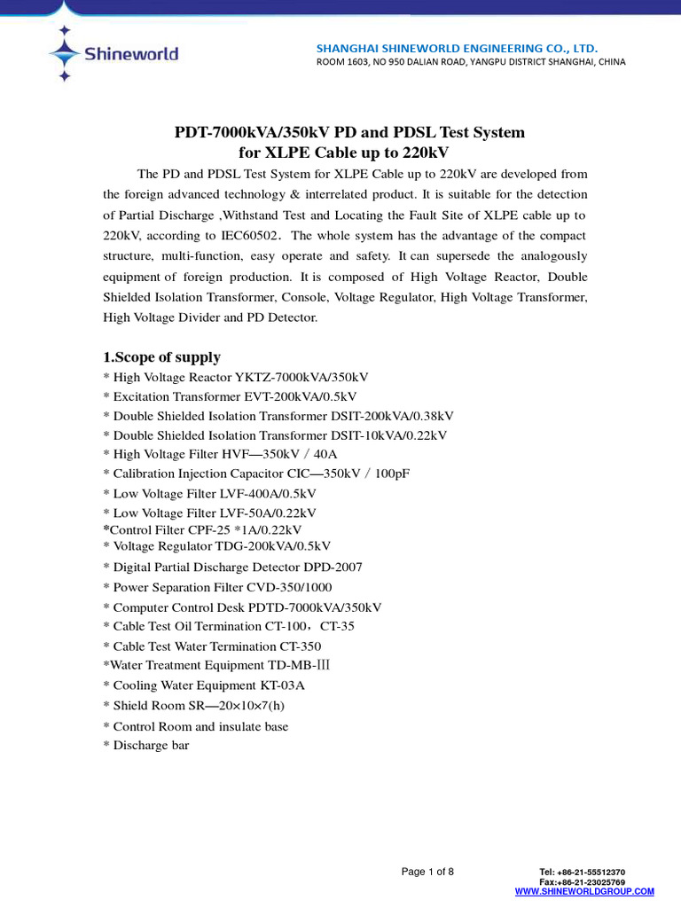 SW-SPEC-220KV Cable PD Testing System PD-7000KVA-350KV | PDF ...