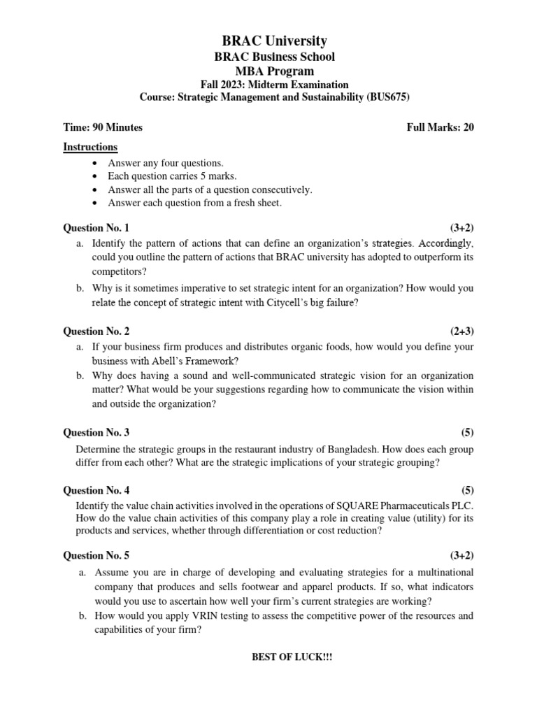BRAC University MBA Exam Questions 2023 | PDF | Strategic Management ...