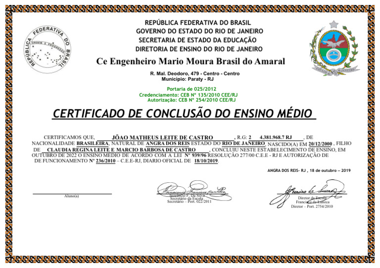 Certificado de Conclusão do Ensino Médio | PDF