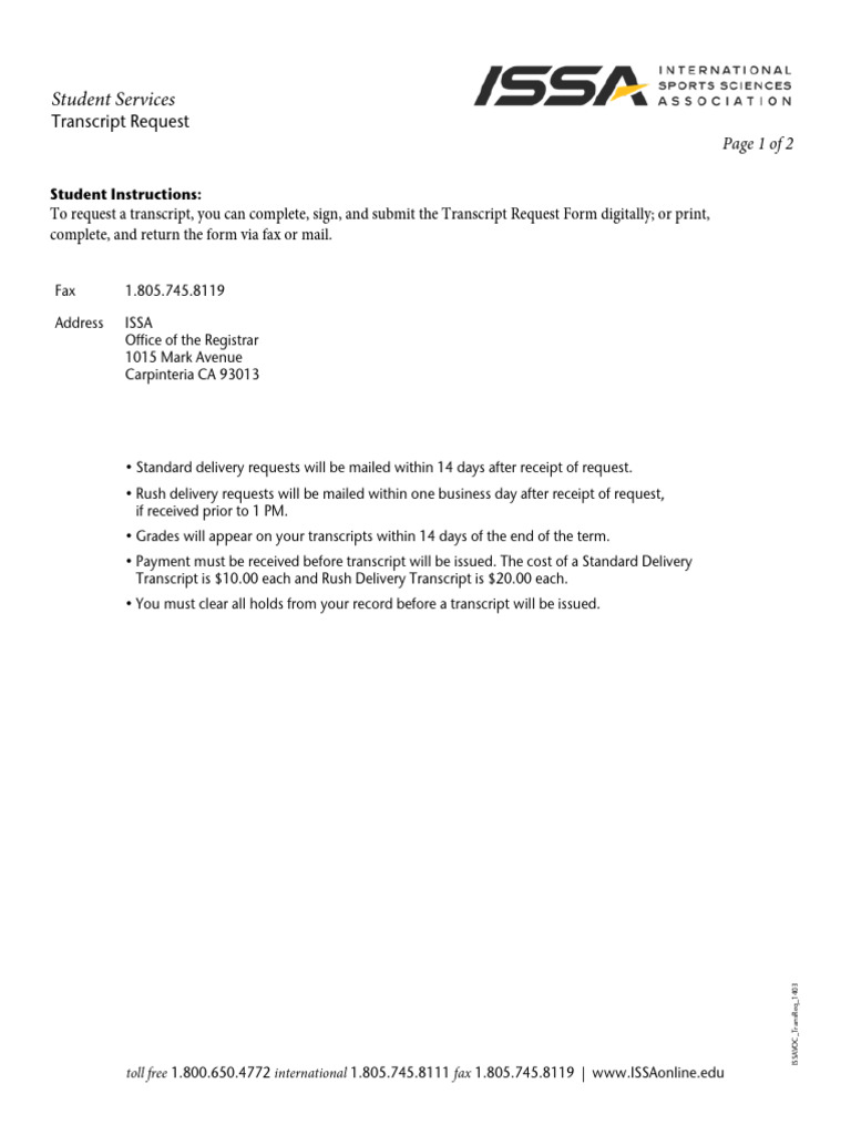 ISSA Transcript Request | PDF | Mail | Payments
