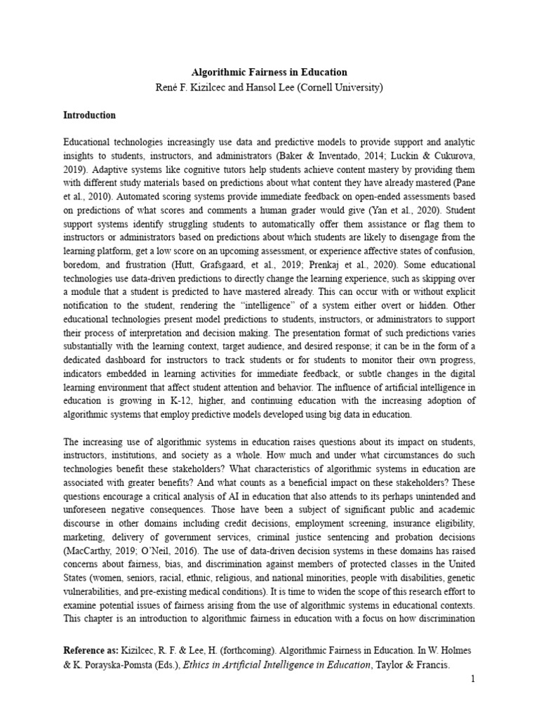 Ethics Of Aied Algorithmic Fairness In Education Download Free Pdf