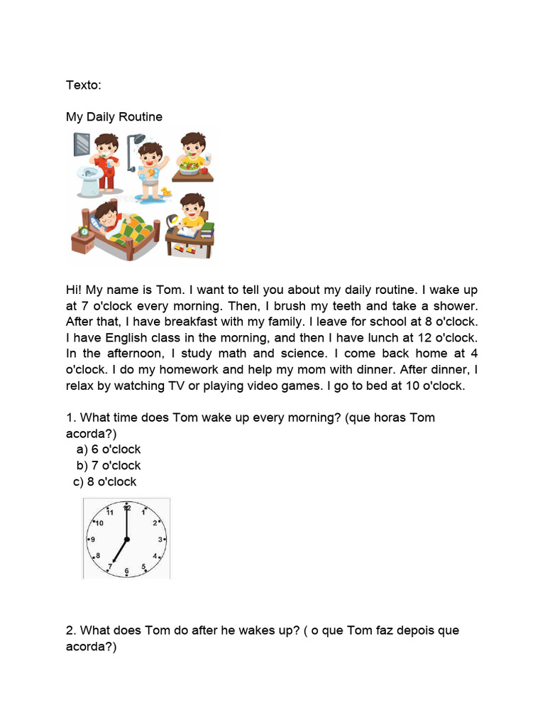 Tom's Daily Routine Explained | PDF | Meal | Eating Behaviors Of Humans
