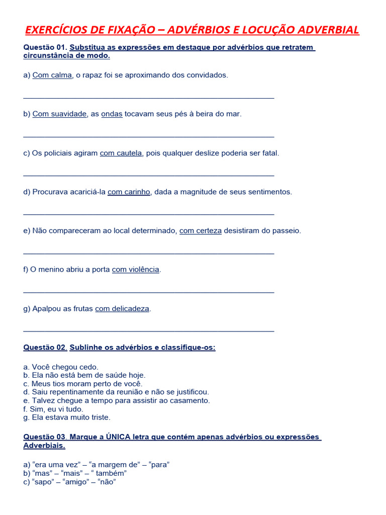 Exercícios sobre Advérbios e Locuções | PDF | Advérbio | Linguística