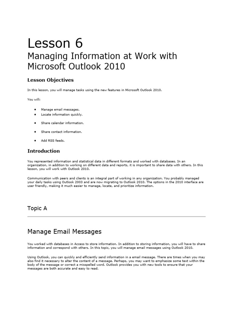 Outlook 2010 Email Management Guide | PDF | Microsoft Outlook | Internet