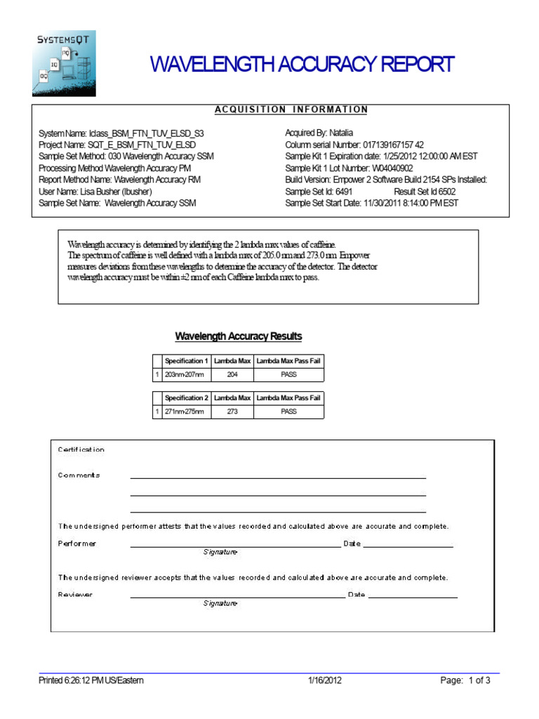 Wavelength Accuracy Report Summary | PDF | Ultraviolet–Visible ...