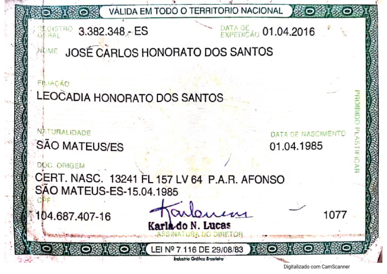 Identidade e CPF José Carlos Frente | PDF