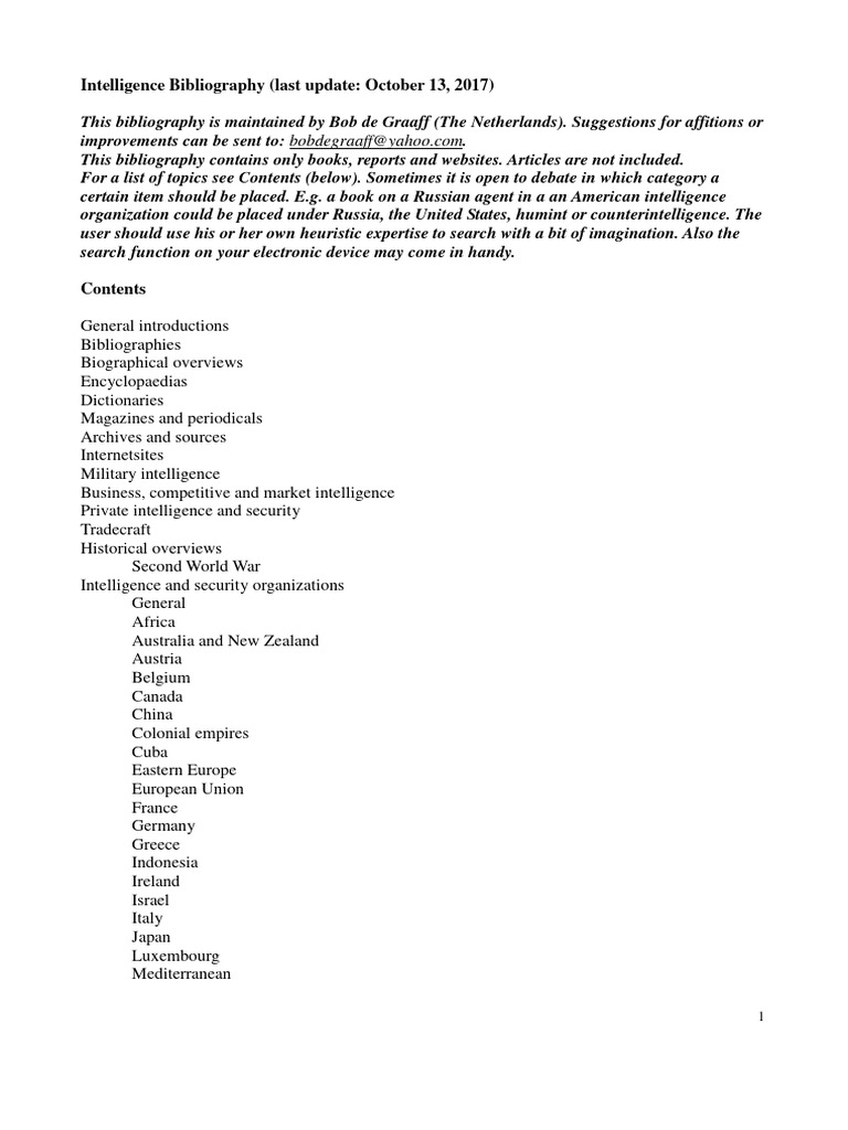 Intelligence Bibliography Overview | PDF | Espionage | Counterintelligence