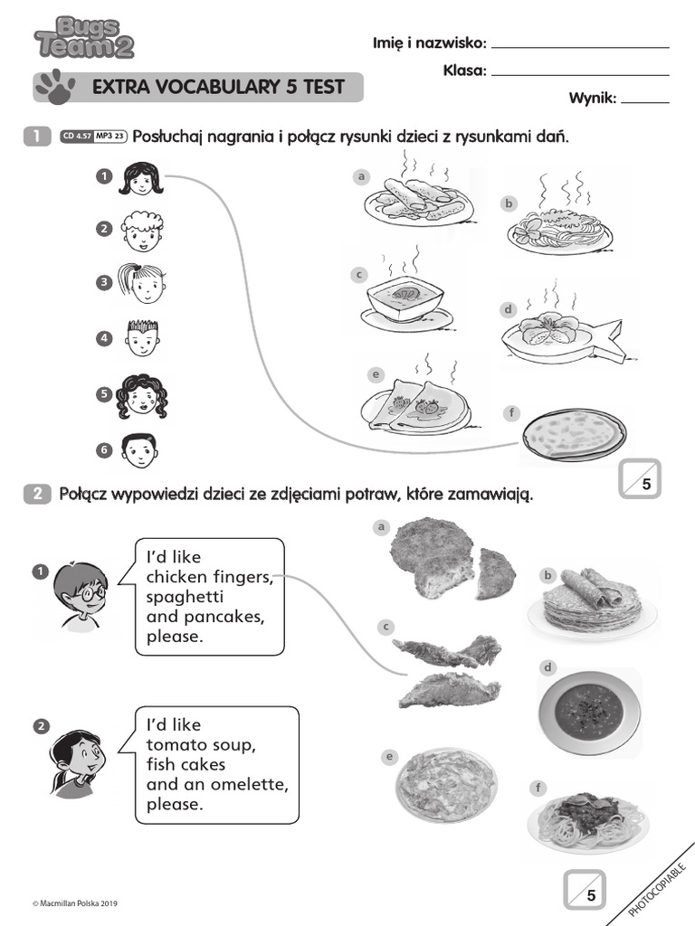 Bugs Team 2 Tests Extra Vocabulary unit 5 | PDF