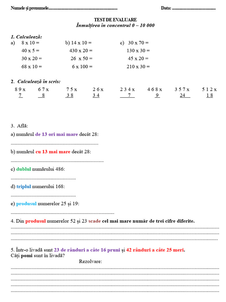Test de Evaluare - Inmultirea Clasa A III-a | PDF