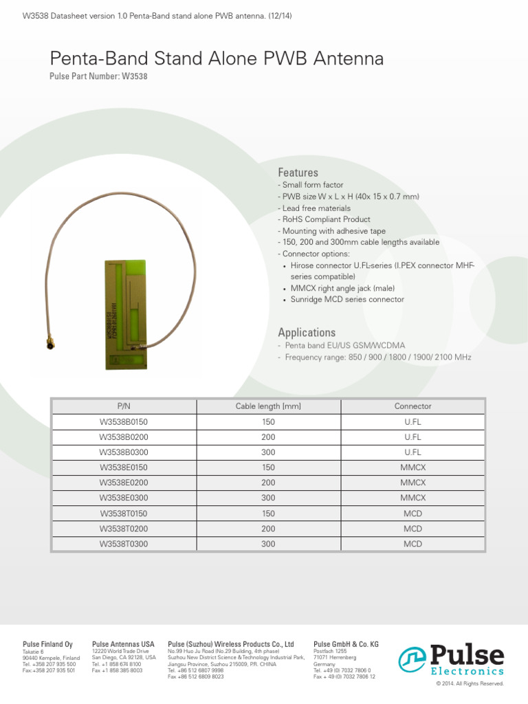 PentaBand Stand Alone PWB Antenna Features PDF