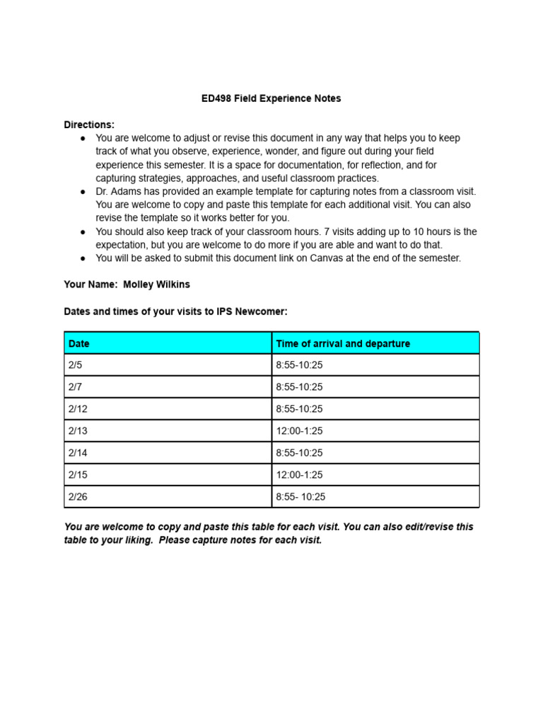Field Experience Reflection Notes | PDF | Learning | Teachers