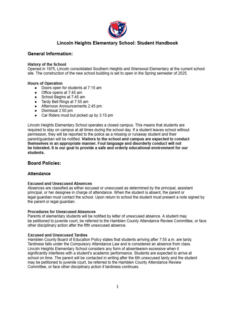Lincoln Heights Elementary Handbook | PDF | Disciplines | Teachers