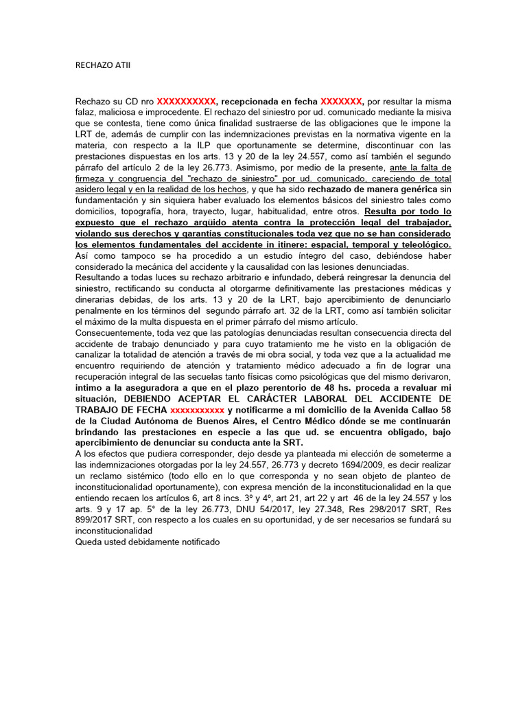 Rechazo de Siniestro Laboral: Argumentos Legales | PDF