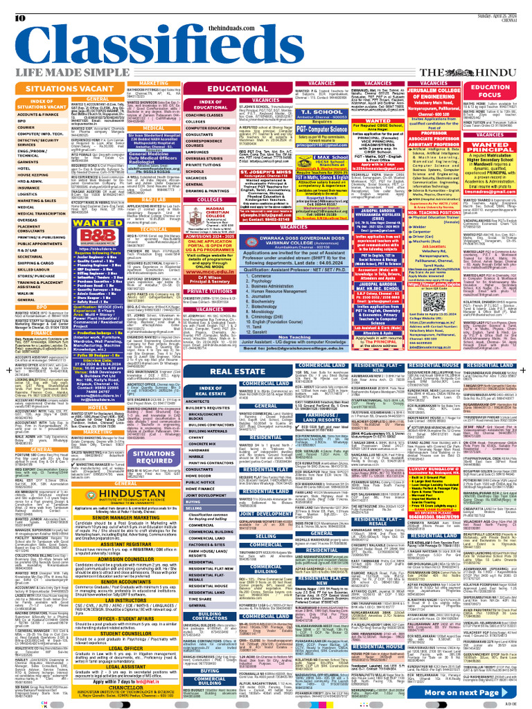 Hindu Classifieds: Job Vacancies in Chennai | PDF