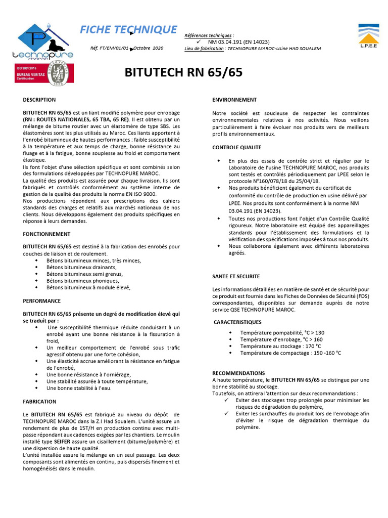 Liant Modifié BITUTECH RN 65/65 | PDF | Béton | Matériaux