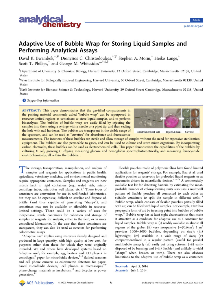 Adaptive Use of Bubble Wrap For Storing Liquid Samples and Performing ...