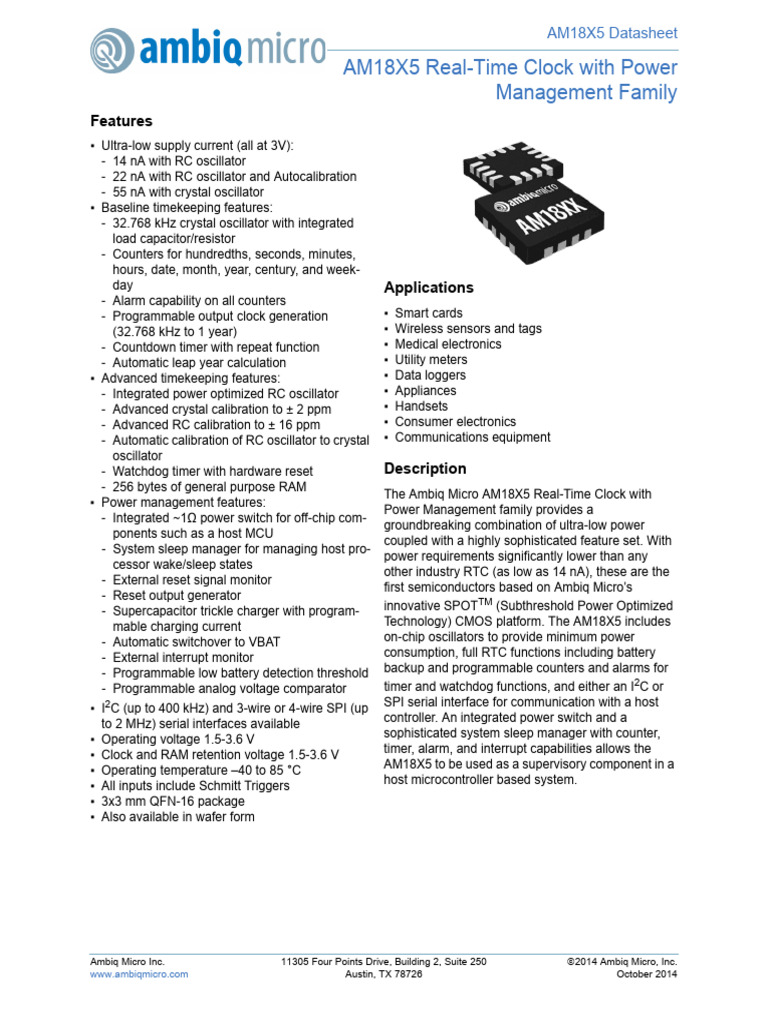 AM18X5 RTC Power Management Datasheet | PDF | Microcontroller | Computing