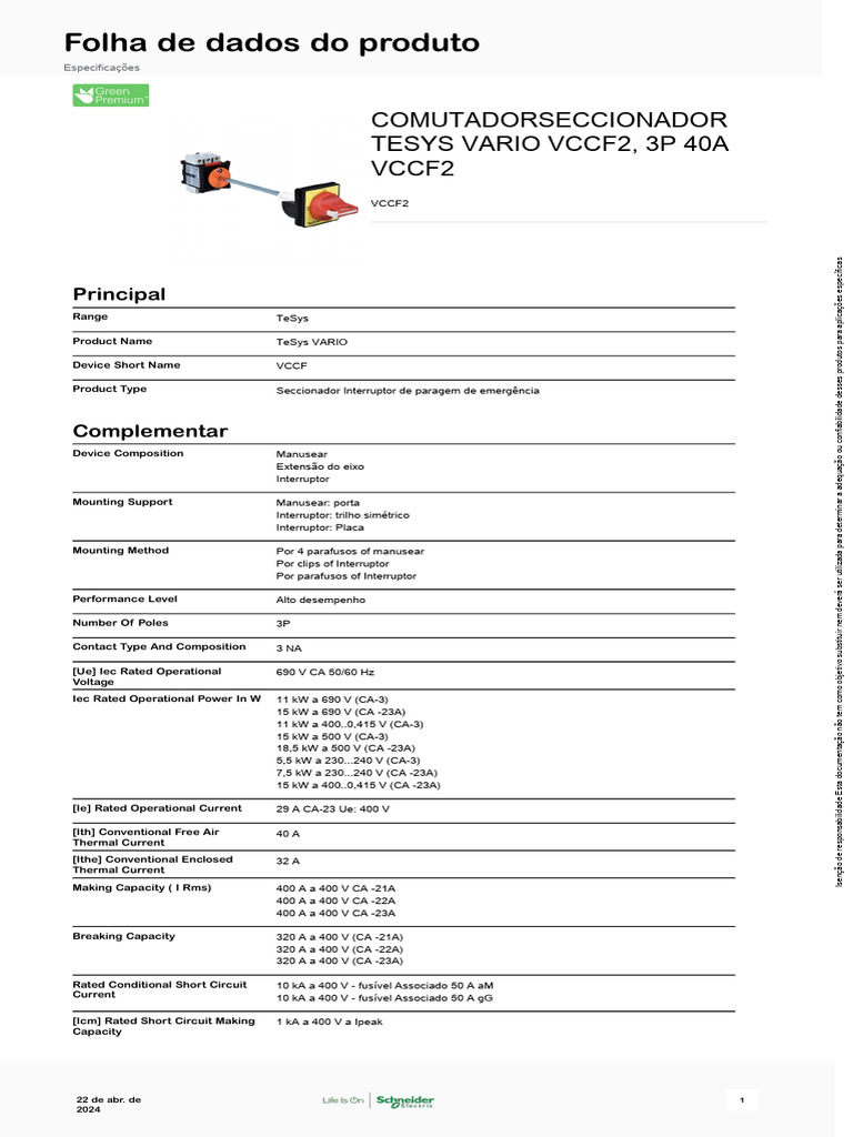 Comutador Seccionador TeSys VCCF2 40A | PDF | Ambiente natural | Poluição