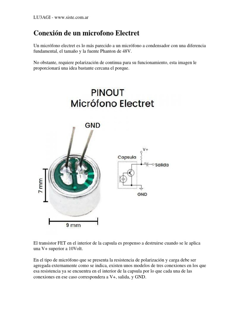 Conexión y polaridad del micrófono electret | PDF | Micrófono | Condensador