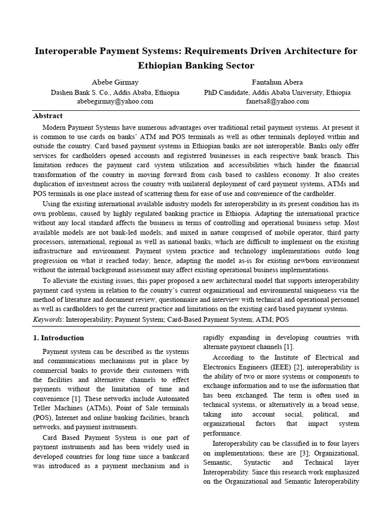 Interoperable payment systems requirements driven architecture for