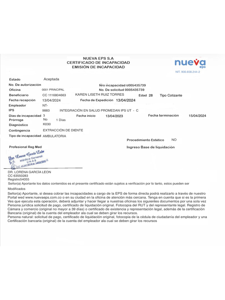 Nueva Eps S.A Certificado de Incapacidad Emisión de Incapacidad | PDF