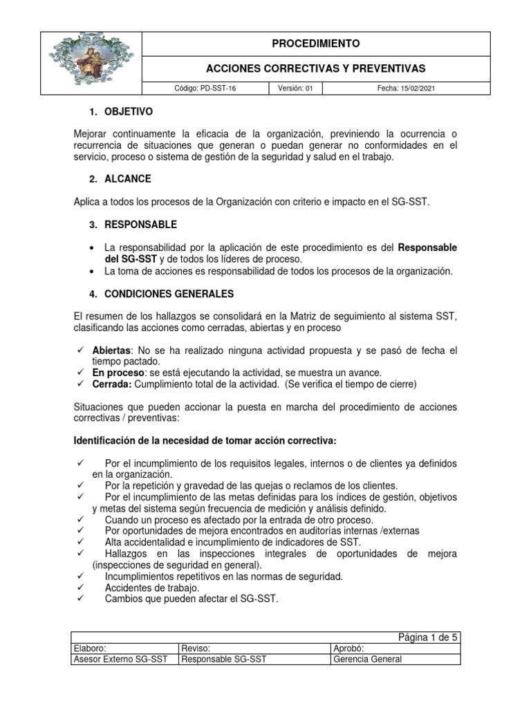 Pd Sst 16 Procedimiento Acciones Correctivas Y Preventivas Pdf