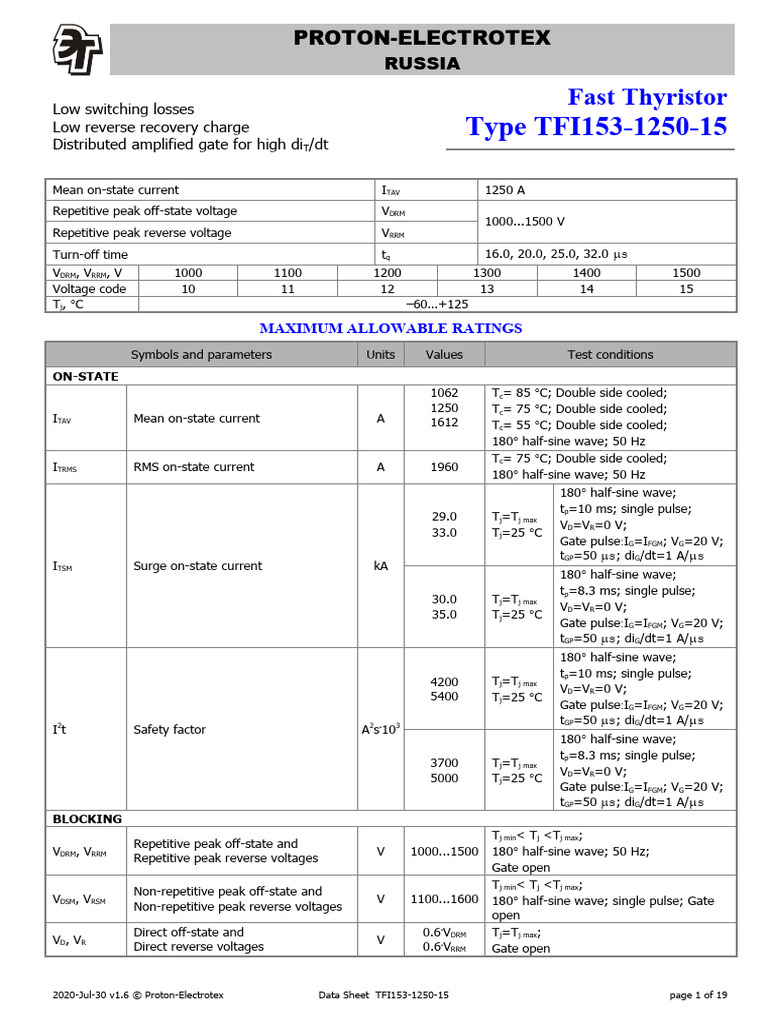 TFI153-1250-15 Thyristor Data Sheet | PDF | Power (Physics) | Power ...