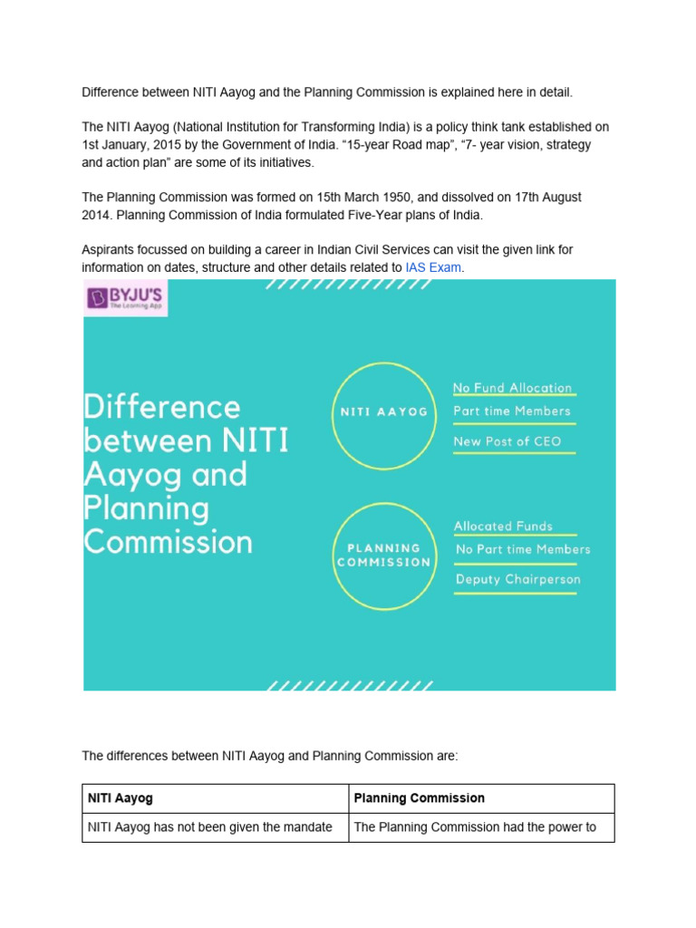 Difference Between NITI Aayog and Planning Commission PDF