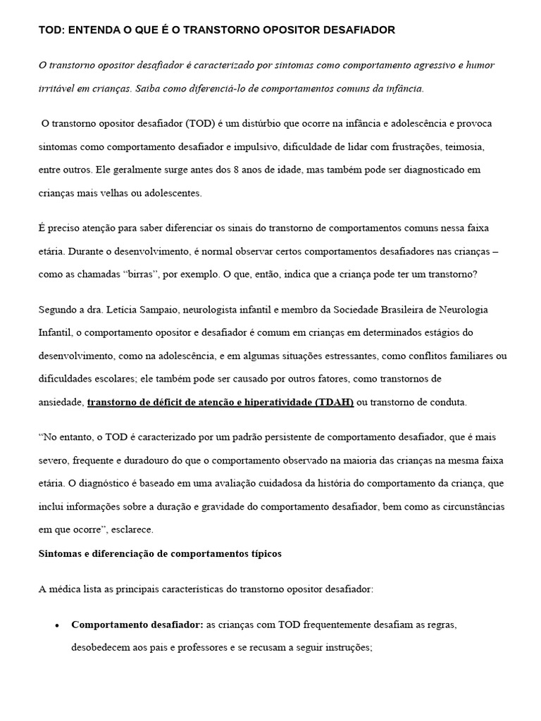 Transtorno Opositor Desafiador em Crianças | PDF | Distúrbio mental ...