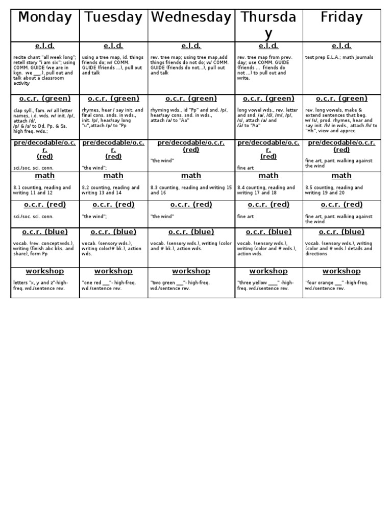 Weekly Kindergarten Lesson Plan | PDF