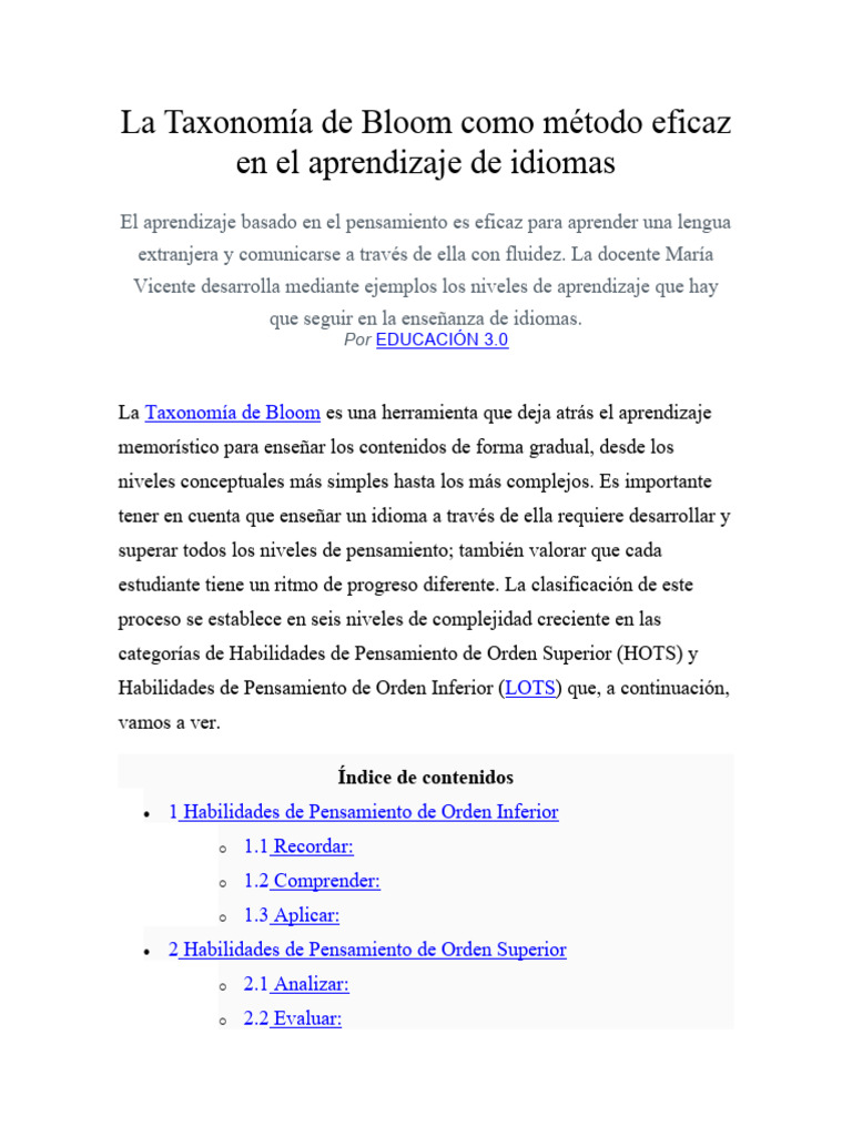 Taxonomía de Bloom en el aprendizaje de idiomas | PDF | Aprendizaje ...