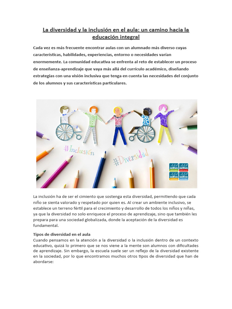 La diversidad y la inclusión en el aula | PDF | Inclusión (Educación ...