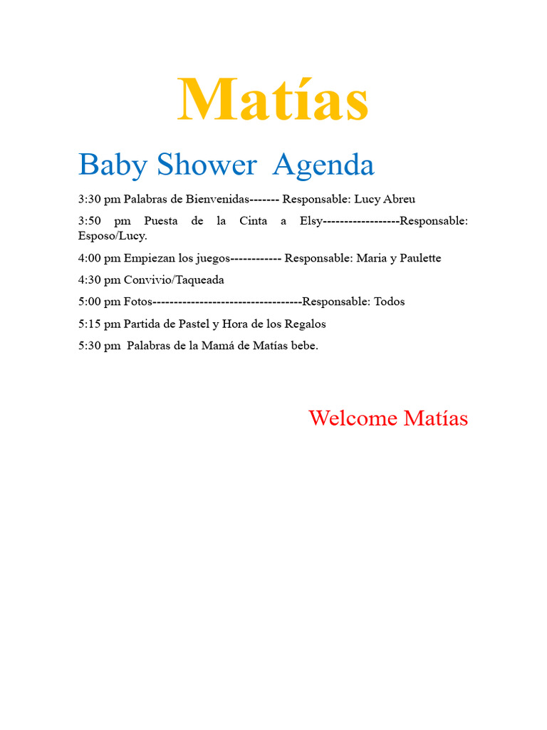 Agenda para Baby Shower de Matías | PDF
