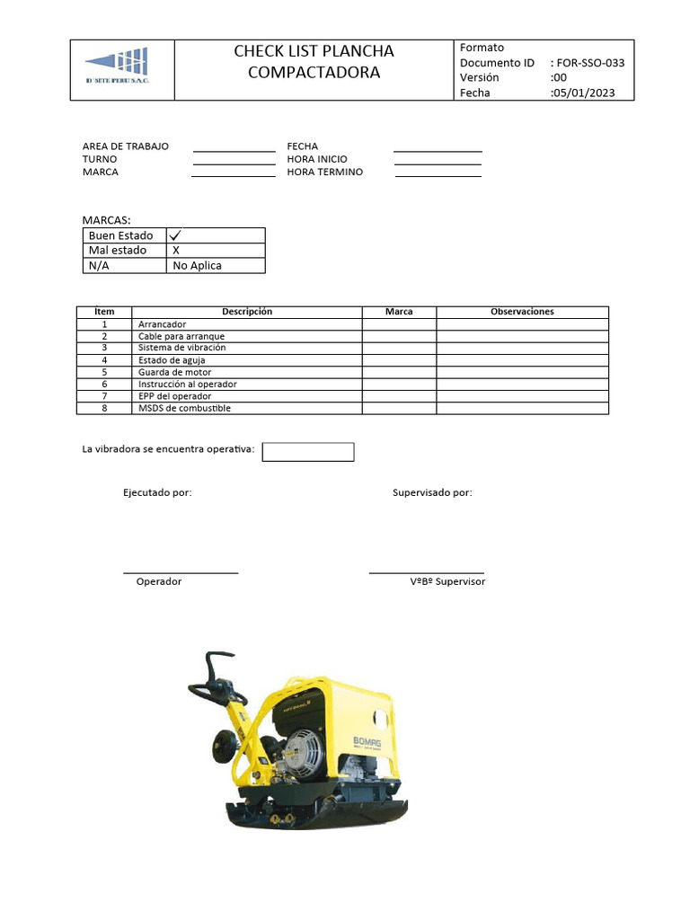 Check List Plancha Vibrocompactadora | PDF