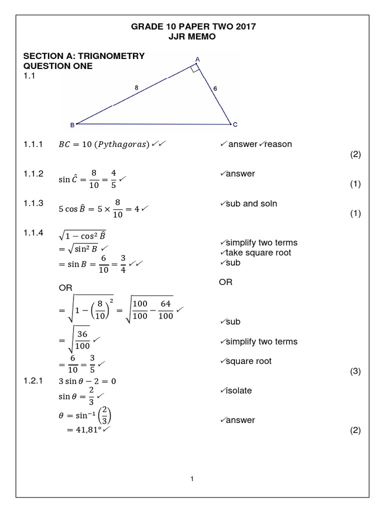 Grade 10 Trigonometry Exam Memo | PDF | Mathematical Analysis ...