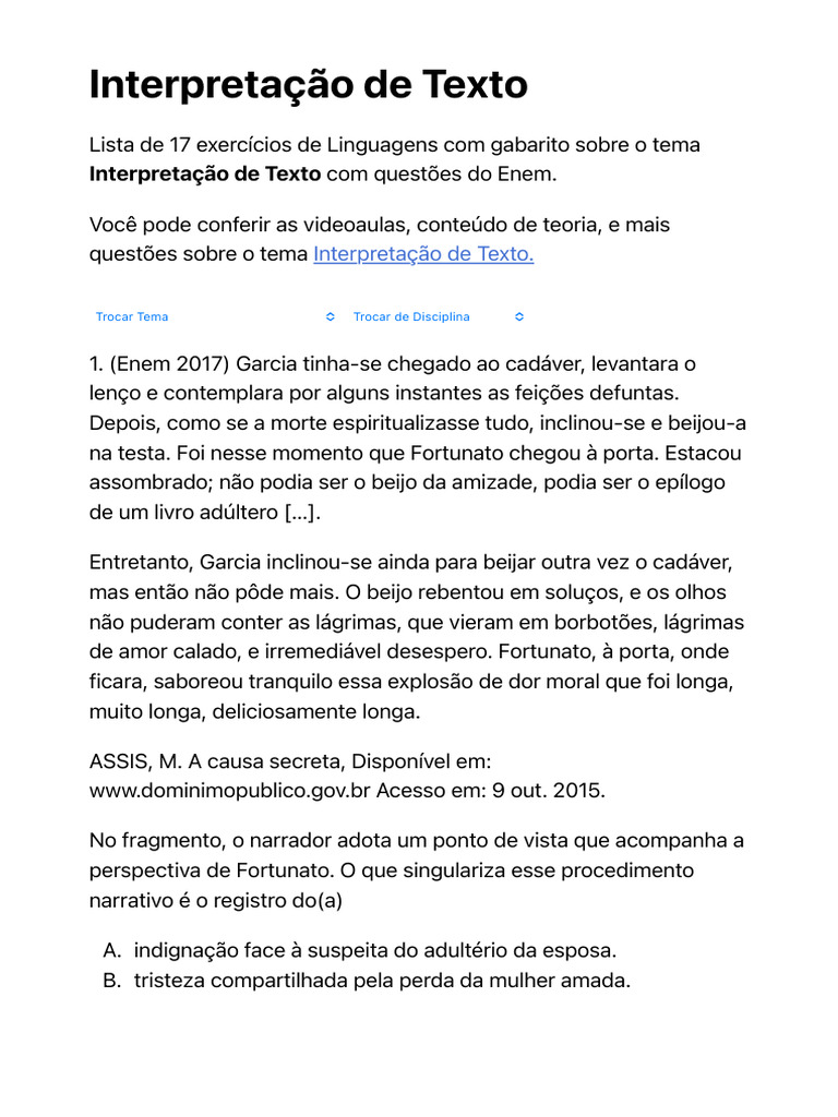 Questões Sobre Interpretação de Texto - Enem Com Gabarito | PDF ...
